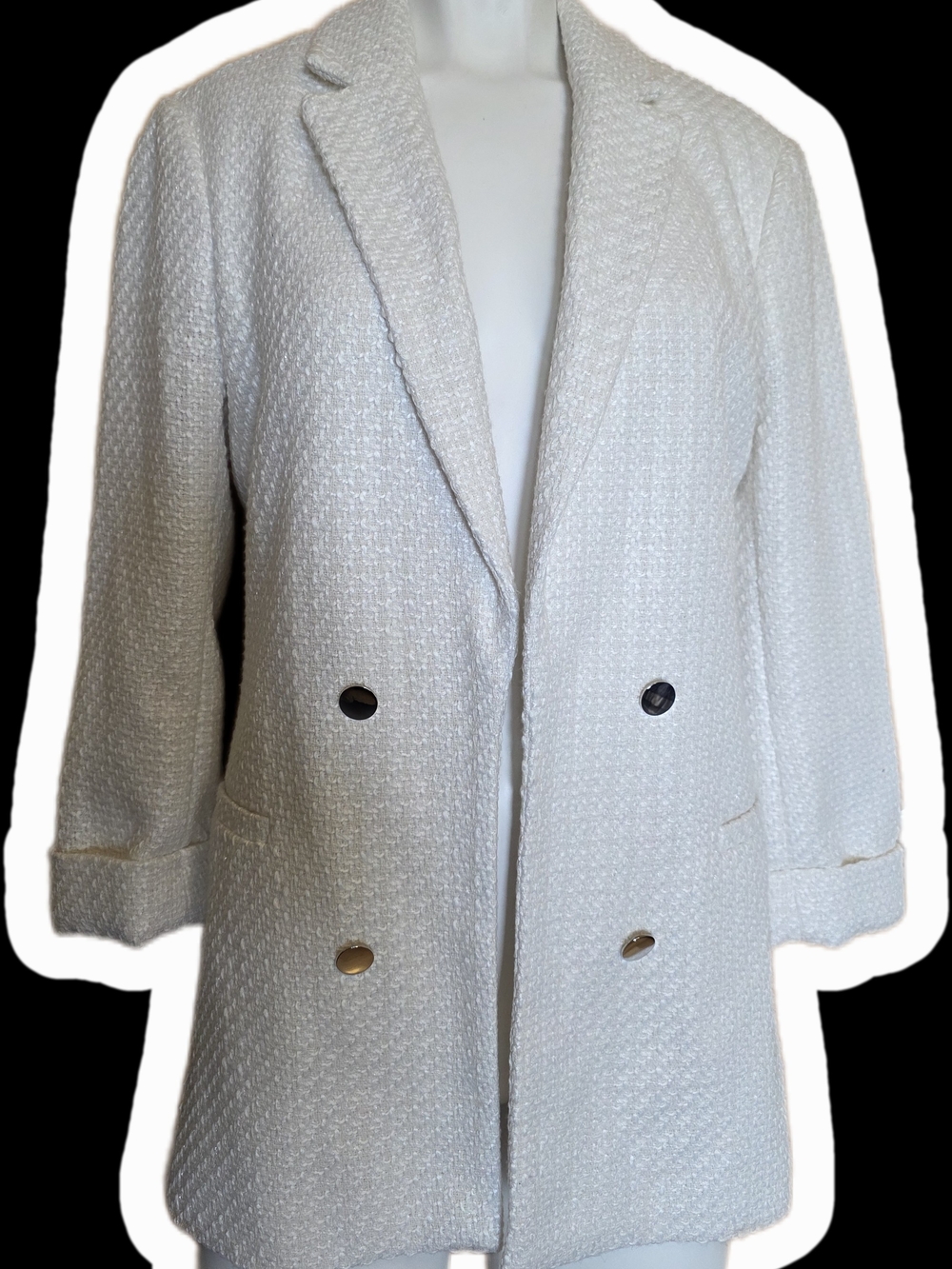 Suzy Shier Ivory Textured Double-Breasted Blazer Coat